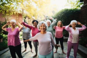 group of happy seniors doing senior morning stretches outdoors on a fall day