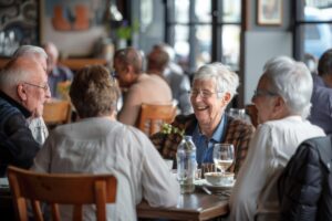 group of seniors gathered around table smiling while talking about questions to ask when considering senior living